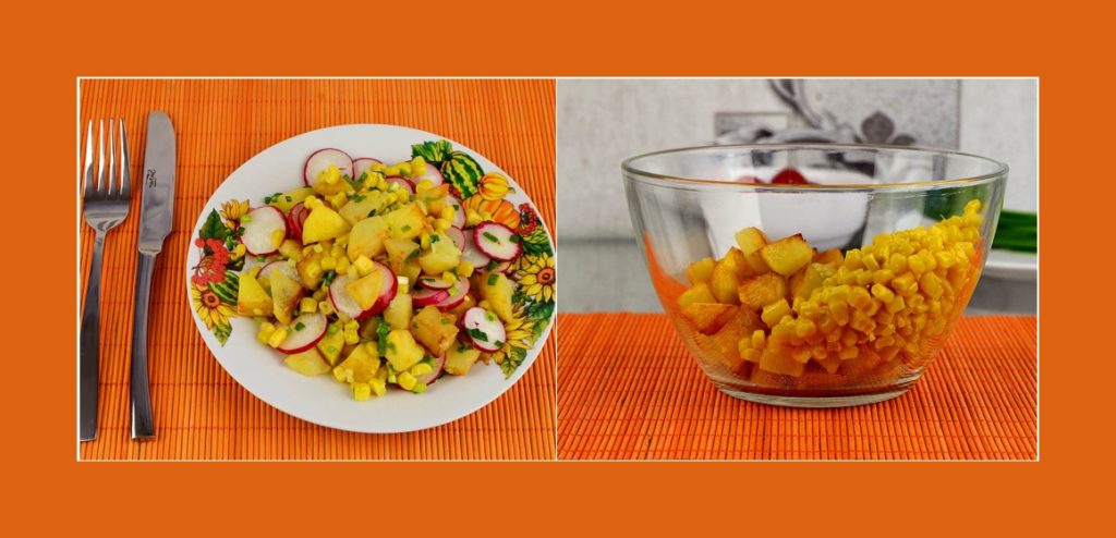 Vegetarischer Kartoffelsalat mit Radieschen, Mais und Schnittlauch ...